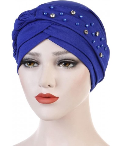 Women Stud Bead Turban Cap Braid Pre Tied Headwrap Hat Rhinestones Pearl Head Wrap Hats Tie Hair Wraps Caps Blue $6.83 Sun Hats