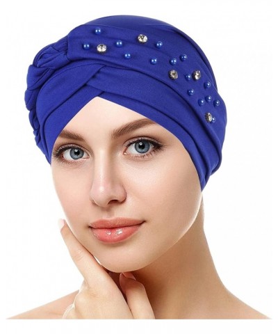 Women Stud Bead Turban Cap Braid Pre Tied Headwrap Hat Rhinestones Pearl Head Wrap Hats Tie Hair Wraps Caps Blue $6.83 Sun Hats