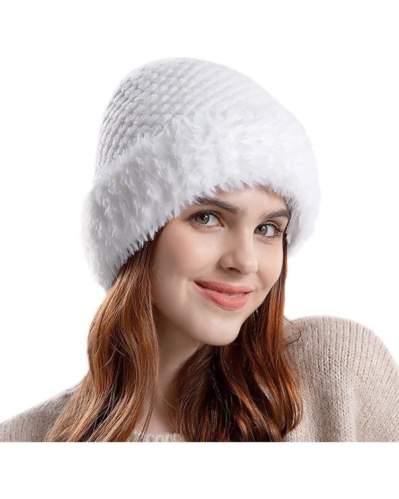 Knitted Plush Bowl Hat Outdoor Warm Earmuffs Women Thickened Cold Proof Fisherman Hat Wimple White $7.77 Skullies & Beanies