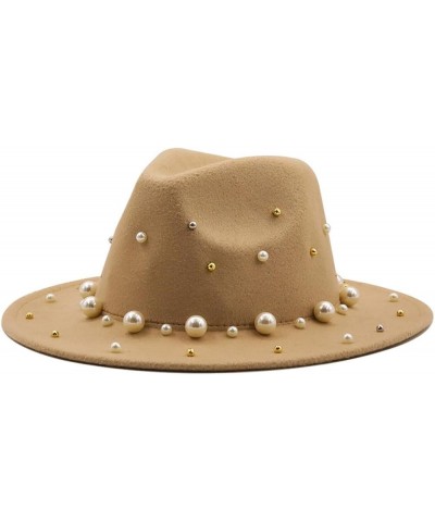 Spring Autumn Women Wide Brim Wool Felt Top Hat Pearl Accessories Jazz Party Wedding Fedora Hats Khaki9 $13.20 Fedoras