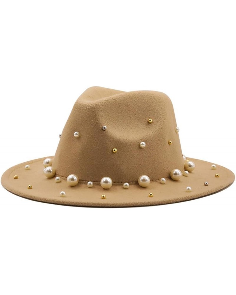 Spring Autumn Women Wide Brim Wool Felt Top Hat Pearl Accessories Jazz Party Wedding Fedora Hats Khaki9 $13.20 Fedoras