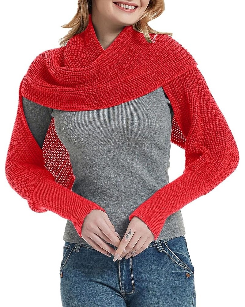 Fashion Winter Warm Solid Color Knitted Wrap Scarf Crochet Thick Shawl Cape With Sleeve For Women Fashion Warm Scarf Red $10....