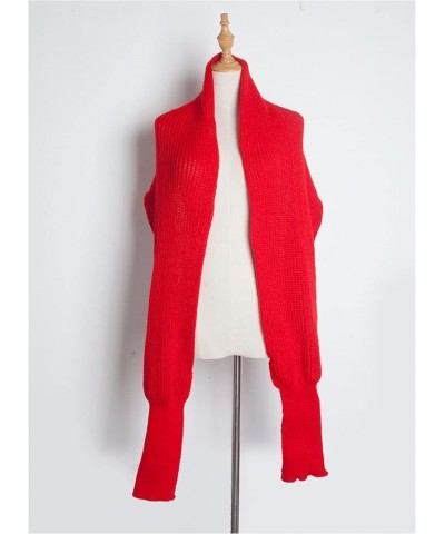 Fashion Winter Warm Solid Color Knitted Wrap Scarf Crochet Thick Shawl Cape With Sleeve For Women Fashion Warm Scarf Red $10....