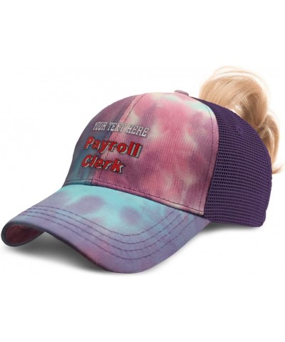 Custom Womens Ponytail Cap Payroll Clerk Administrator Cotton Paychecks Distressed Trucker Hat Tie Dye Purple Personalized Te...