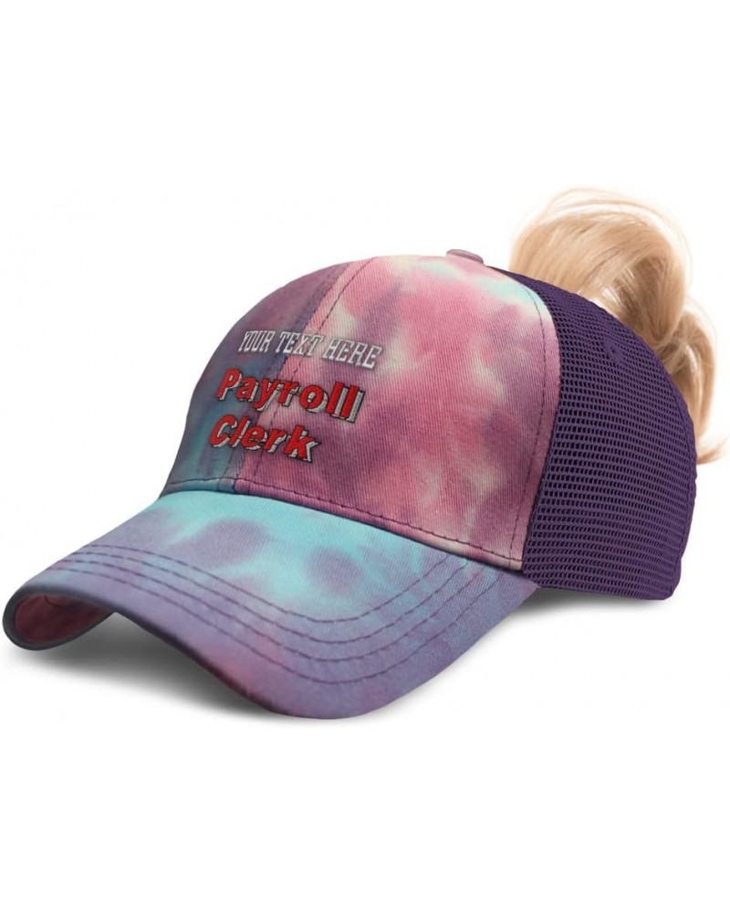 Custom Womens Ponytail Cap Payroll Clerk Administrator Cotton Paychecks Distressed Trucker Hat Tie Dye Purple Personalized Te...