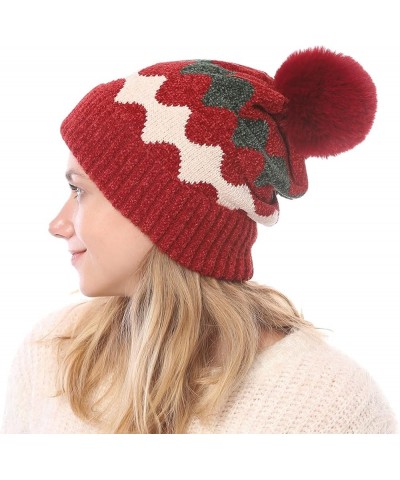 Chunky Cable Knit Pom Poms Lined Winter Hat Ears Hats for Women Knitted Hat Warm Hats Red 2 $9.45 Skullies & Beanies