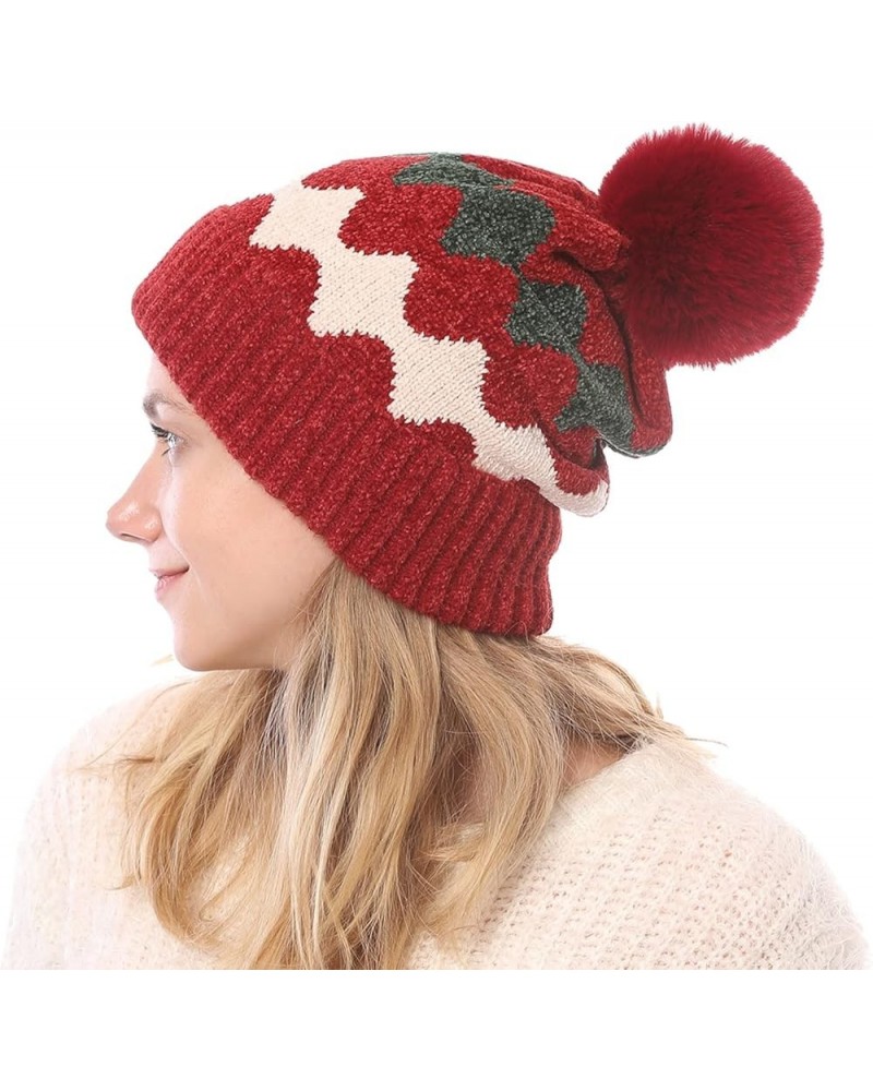 Chunky Cable Knit Pom Poms Lined Winter Hat Ears Hats for Women Knitted Hat Warm Hats Red 2 $9.45 Skullies & Beanies