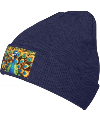 Black Warm Knit Hat Cartoon Peacock Prints Soft Good Elasticity Suitable for Daily and Outdoor Sports Navy Blue $9.60 Skullie...