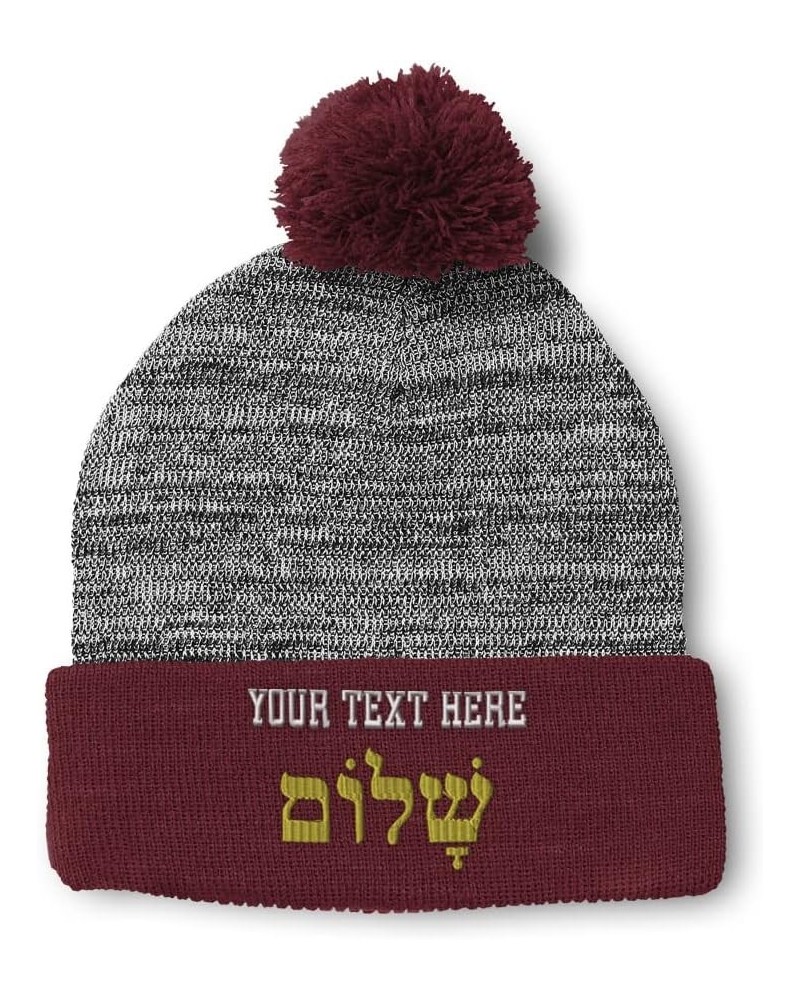 Custom Pom Pom Beanies for Women Shalom in Hebrew Gold Embroidery Skull Cap Winter Hats for Men 1 Size Heather Gray Burgundy ...