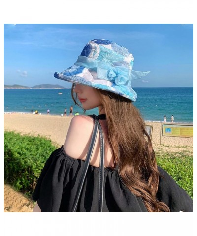 Trendy Womens Sun Hats Breathable Summer 2023 Flower Derdy Party Sun Protection Foldable Wide Brimmed Fashionable Blue $11.59...