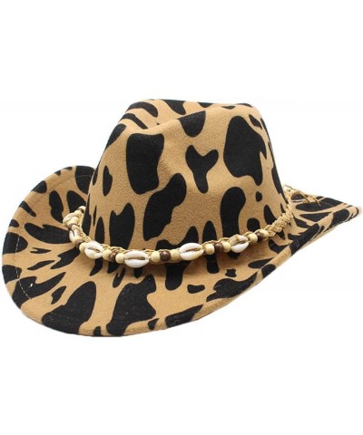 Cow Print Cowboy Hat Wool Felt Cowgirl Hat for Women Stylish Roll Up Wide Brim Four Seasons Outback Hat Shell Belt Khaki $27....