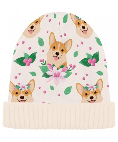 Soft Beanie Hat Beige Thick Warm Hat Men Women Unisex Hat Happy Dog and Pink Flowers Pattern $11.04 Skullies & Beanies