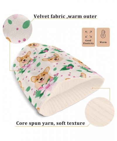 Soft Beanie Hat Beige Thick Warm Hat Men Women Unisex Hat Happy Dog and Pink Flowers Pattern $11.04 Skullies & Beanies