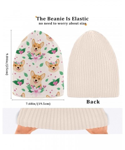 Soft Beanie Hat Beige Thick Warm Hat Men Women Unisex Hat Happy Dog and Pink Flowers Pattern $11.04 Skullies & Beanies