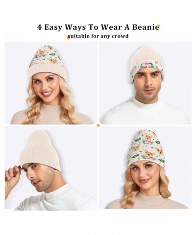 Soft Beanie Hat Beige Thick Warm Hat Men Women Unisex Hat Happy Dog and Pink Flowers Pattern $11.04 Skullies & Beanies