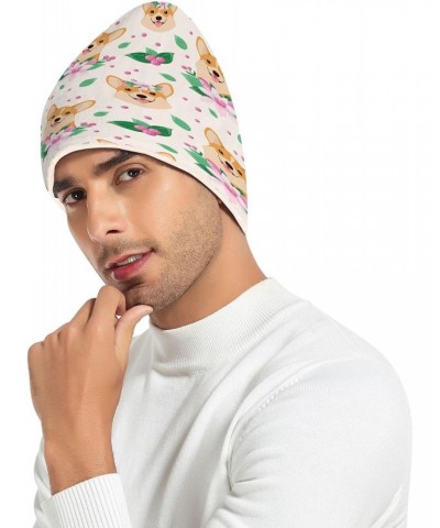 Soft Beanie Hat Beige Thick Warm Hat Men Women Unisex Hat Happy Dog and Pink Flowers Pattern $11.04 Skullies & Beanies