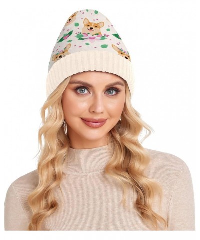 Soft Beanie Hat Beige Thick Warm Hat Men Women Unisex Hat Happy Dog and Pink Flowers Pattern $11.04 Skullies & Beanies