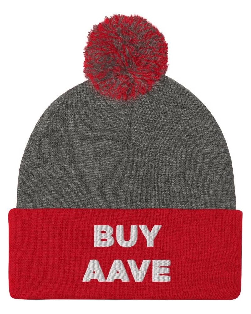 Buy Aave Crypto Hat (Embroidered Pom-Pom Beanie) Dark Heather Grey/ Red $18.63 Skullies & Beanies