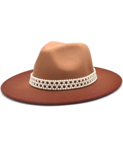 Winter Autumn Womans Gradient Color Felt Fedora Elegant Pearl Band Panama Hat Warm Floppy Godfather Hat Caramel $19.24 Fedoras