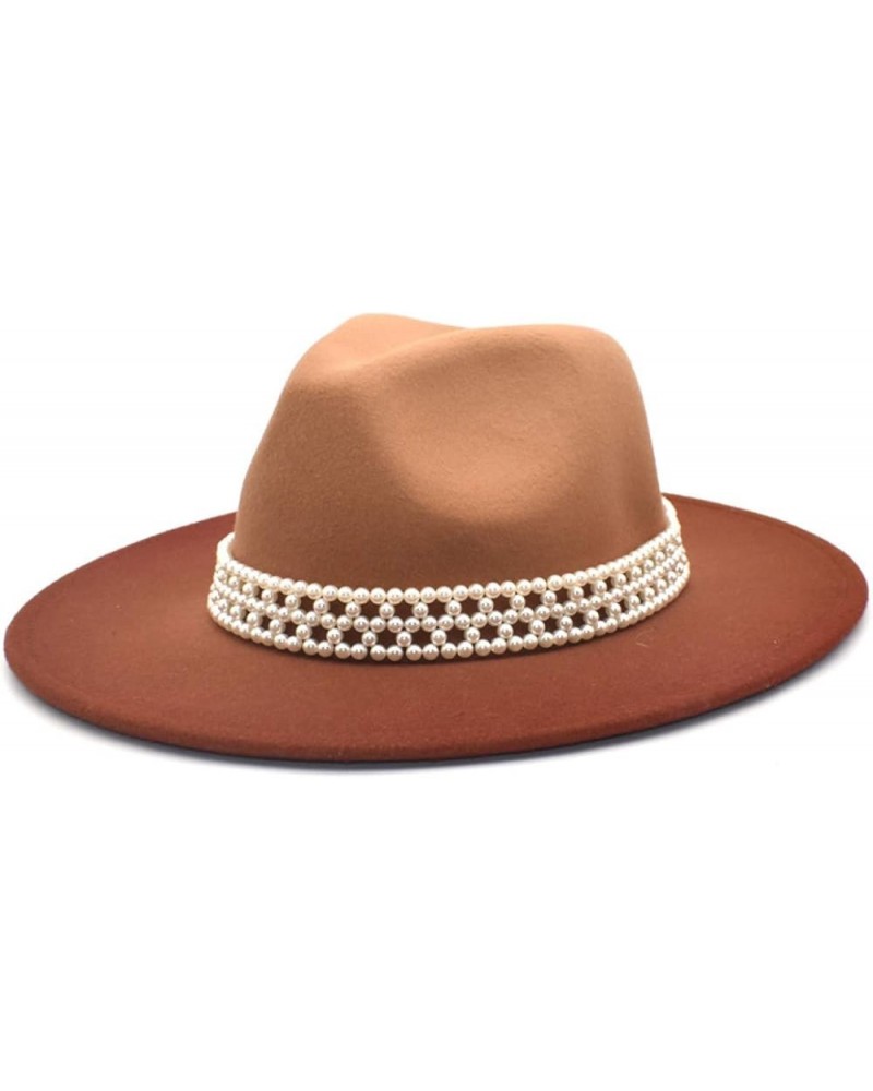 Winter Autumn Womans Gradient Color Felt Fedora Elegant Pearl Band Panama Hat Warm Floppy Godfather Hat Caramel $19.24 Fedoras