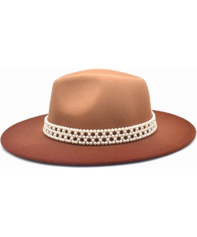 Winter Autumn Womans Gradient Color Felt Fedora Elegant Pearl Band Panama Hat Warm Floppy Godfather Hat Caramel $19.24 Fedoras