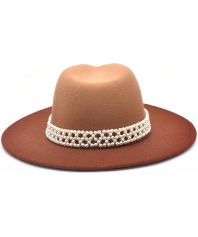 Winter Autumn Womans Gradient Color Felt Fedora Elegant Pearl Band Panama Hat Warm Floppy Godfather Hat Caramel $19.24 Fedoras