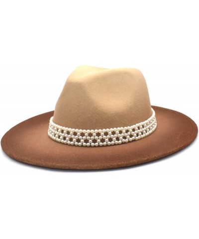 Winter Autumn Womans Gradient Color Felt Fedora Elegant Pearl Band Panama Hat Warm Floppy Godfather Hat Caramel $19.24 Fedoras