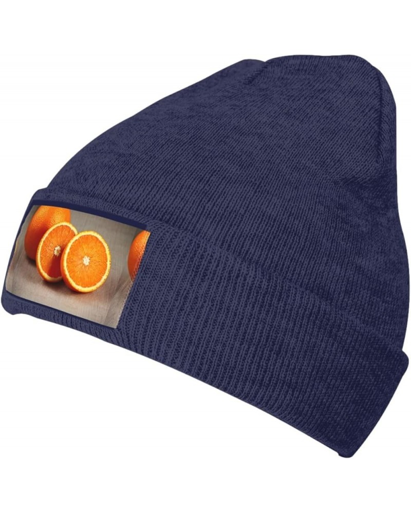 Orange Fruit Print Multi-Purpose Knitted Hat Unisex Winter Warm Hat, Outdoor Or Daily Wear,Soft Warm Navy Blue $11.39 Skullie...