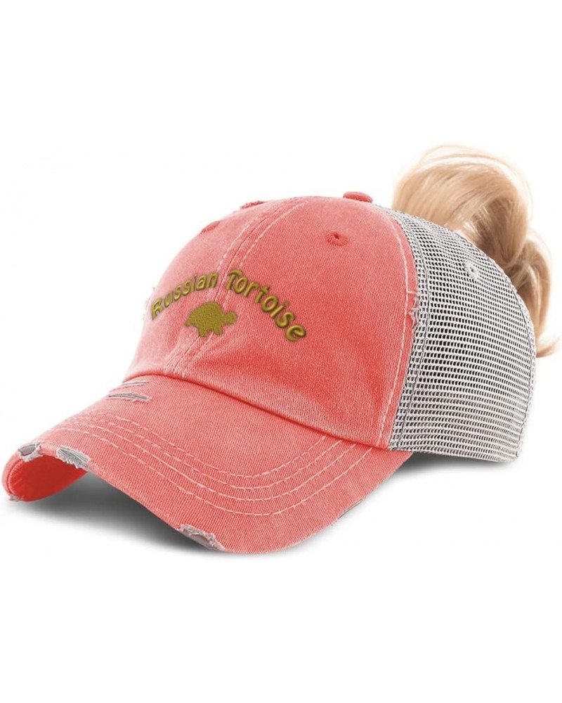 Custom Womens Ponytail Cap Russian Tortoise Reptiles Reptile Cotton Nature Distressed Trucker Hat Coral Design Only $12.90 Ba...