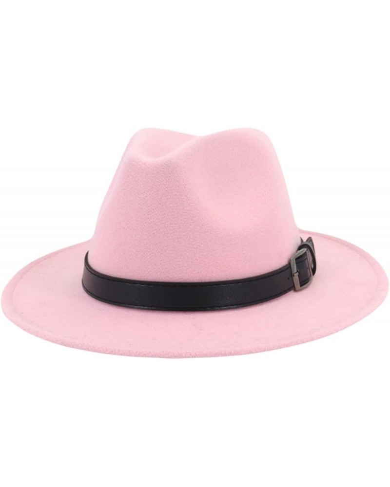 Fashion Couple Hat Men Women Flat Brim Jazz Panama Fedora Hats Belt Buckle Decor Casual Gambler Trilby Pink $16.79 Fedoras