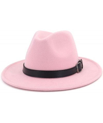 Fashion Couple Hat Men Women Flat Brim Jazz Panama Fedora Hats Belt Buckle Decor Casual Gambler Trilby Pink $16.79 Fedoras