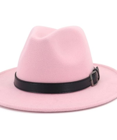 Fashion Couple Hat Men Women Flat Brim Jazz Panama Fedora Hats Belt Buckle Decor Casual Gambler Trilby Pink $16.79 Fedoras