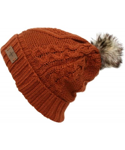 Women's Winter Fleece Lined Cable Knitted Pom Pom Beanie Hat Rust $8.67 Skullies & Beanies