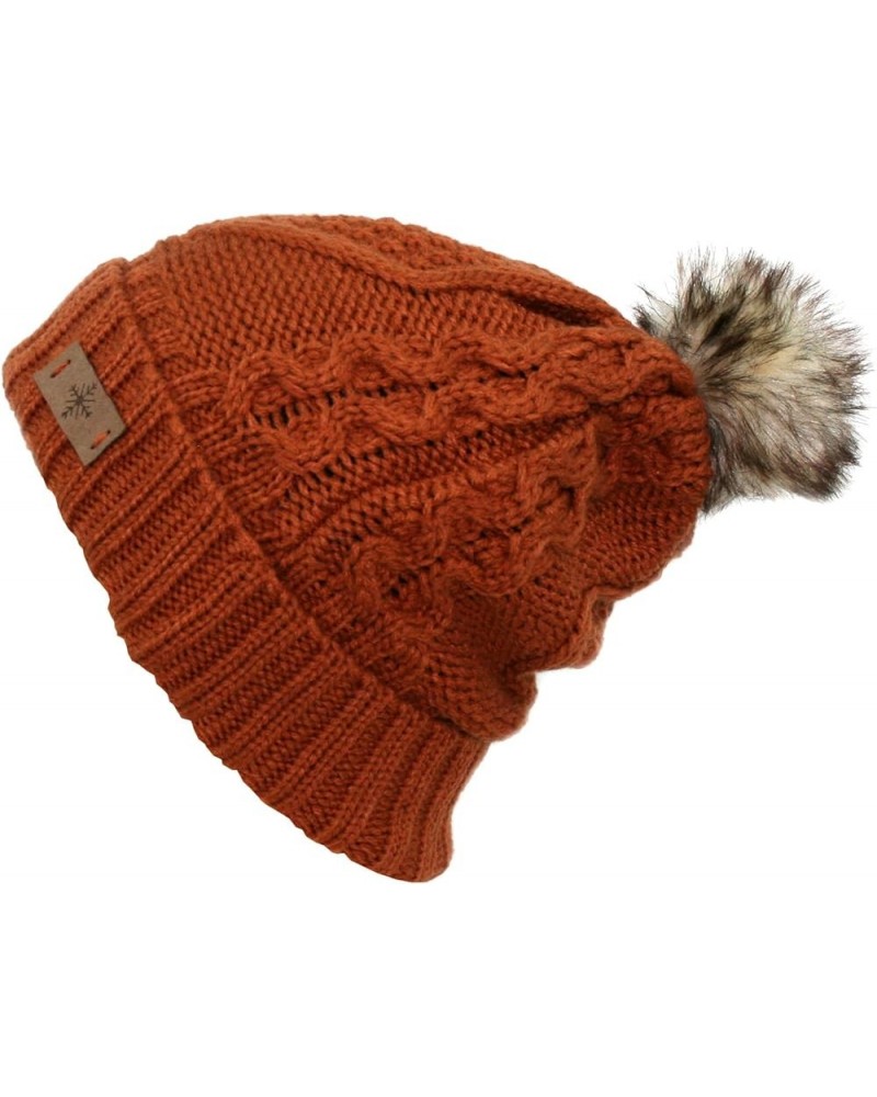 Women's Winter Fleece Lined Cable Knitted Pom Pom Beanie Hat Rust $8.67 Skullies & Beanies