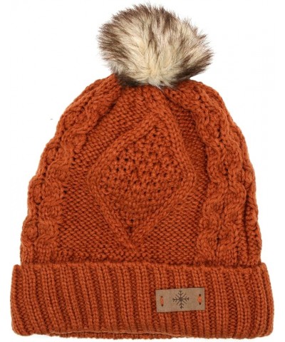 Women's Winter Fleece Lined Cable Knitted Pom Pom Beanie Hat Rust $8.67 Skullies & Beanies