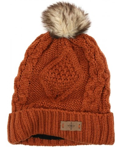 Women's Winter Fleece Lined Cable Knitted Pom Pom Beanie Hat Rust $8.67 Skullies & Beanies