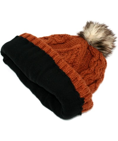 Women's Winter Fleece Lined Cable Knitted Pom Pom Beanie Hat Rust $8.67 Skullies & Beanies