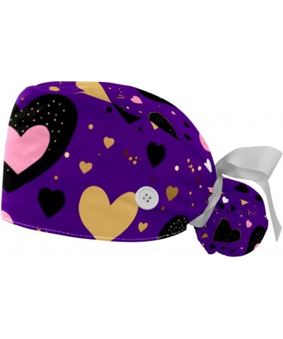 2-Pc Scrub Hats Women Bouffant Hats,Work Hat with Buttons and Cotton Sweatband,Pink and Black Hearts $9.94 Skullies & Beanies