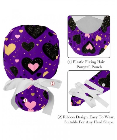 2-Pc Scrub Hats Women Bouffant Hats,Work Hat with Buttons and Cotton Sweatband,Pink and Black Hearts $9.94 Skullies & Beanies