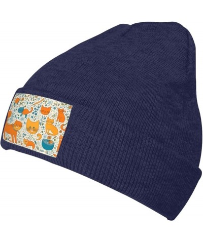 Black Warm Knit Hat Cartoon Orange cat Prints Soft Good Elasticity Suitable for Outdoor Sports Navy Blue $9.41 Skullies & Bea...