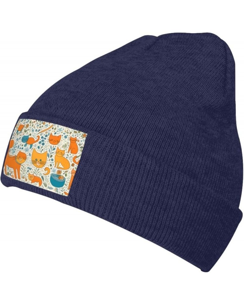 Black Warm Knit Hat Cartoon Orange cat Prints Soft Good Elasticity Suitable for Outdoor Sports Navy Blue $9.41 Skullies & Bea...