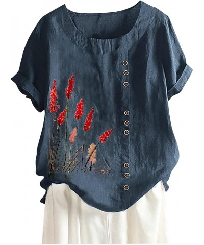 Women's Retro Cotton and Linen Fashion Print Loose Casual Shirt Short Sleeved T Shirt Quarter Length Sleeve Dark Blue-2 $5.36...