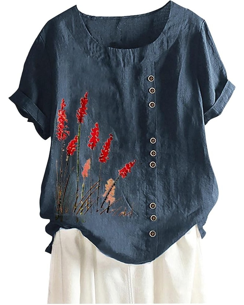 Women's Retro Cotton and Linen Fashion Print Loose Casual Shirt Short Sleeved T Shirt Quarter Length Sleeve Dark Blue-2 $5.36...