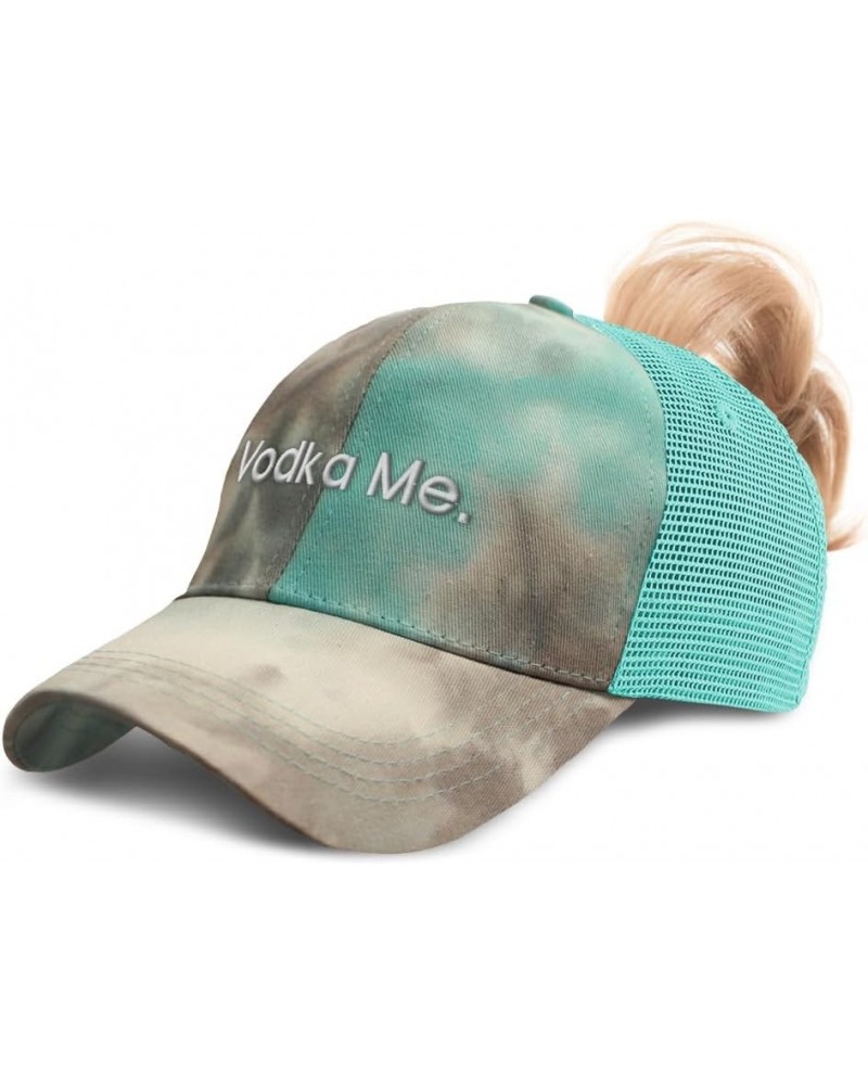 Womens Ponytail Cap Vodka Me Cotton Distressed Trucker Hats Tie Dye Aqua $16.49 Baseball Caps