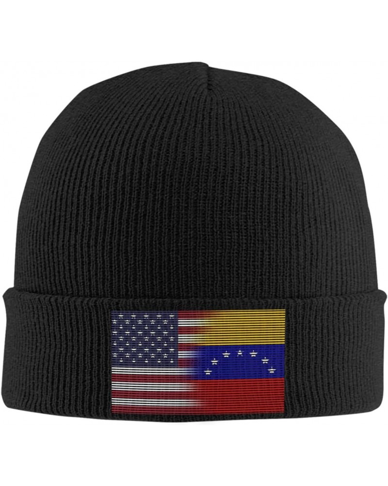 American Flag and Venezuela Flag Knitted Hat Hat Men Womens Cozy Warm Beanie Hats Black $10.79 Skullies & Beanies