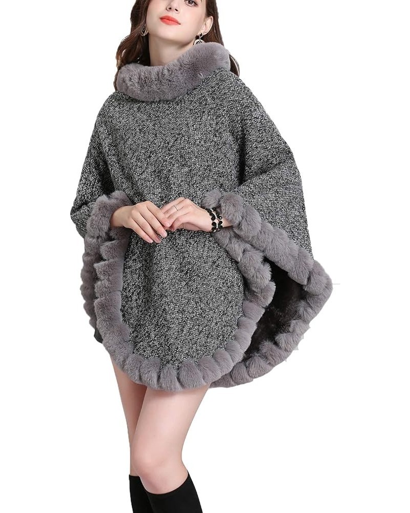 Womens Faux Fur Sweater Poncho Oversize Cape Elegant Wrap Shawl with Faux Fur Trim Collar Lightgray $22.08 Scarves