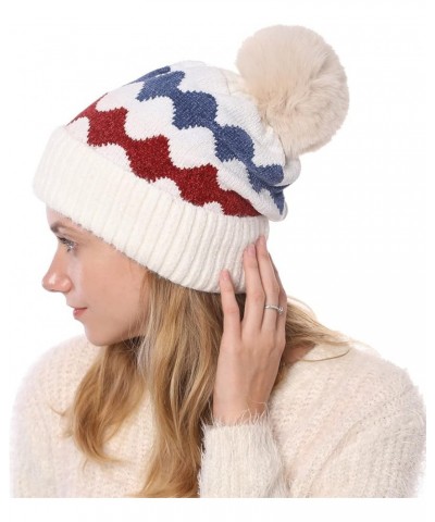 Chunky Cable Knit Pom Poms Lined Winter Hat Ears Hats for Women Knitted Hat Warm Hats White 2 $9.45 Skullies & Beanies