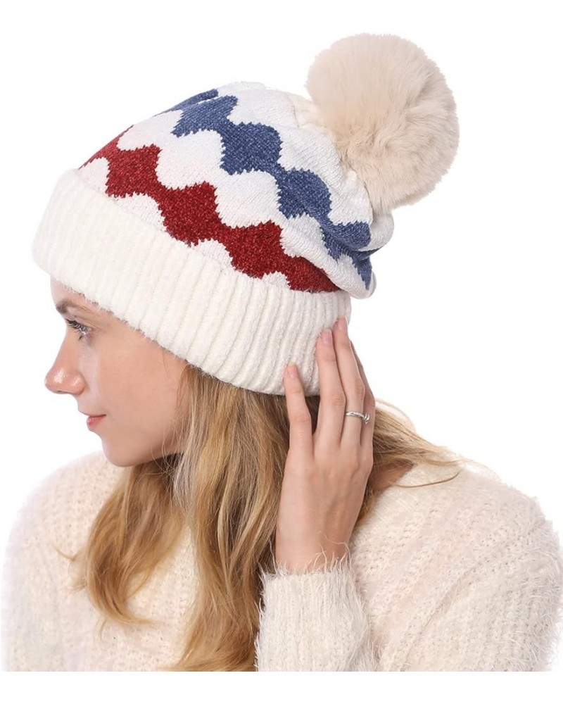 Chunky Cable Knit Pom Poms Lined Winter Hat Ears Hats for Women Knitted Hat Warm Hats White 2 $9.45 Skullies & Beanies