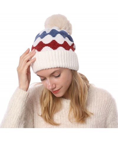 Chunky Cable Knit Pom Poms Lined Winter Hat Ears Hats for Women Knitted Hat Warm Hats White 2 $9.45 Skullies & Beanies