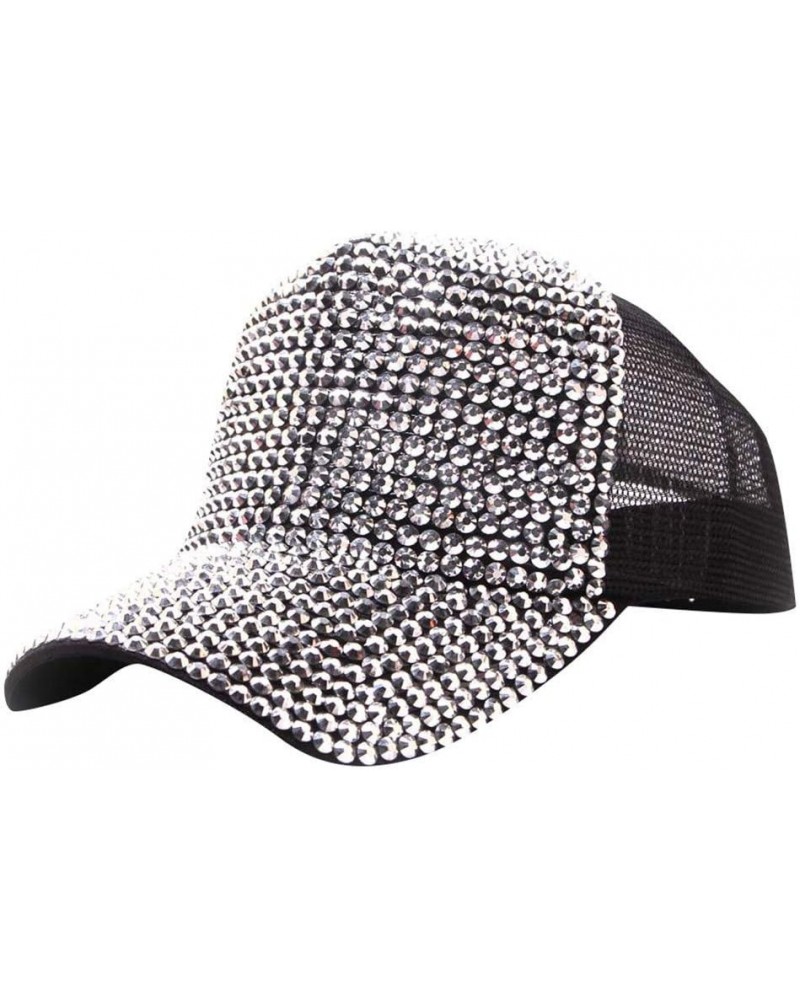 Women Men Studded Rhinestone Crystals Adjustable Ponytail Mesh Baseball Cap Shiny Bling Casual Sports Cap Silver $6.43 Baseba...